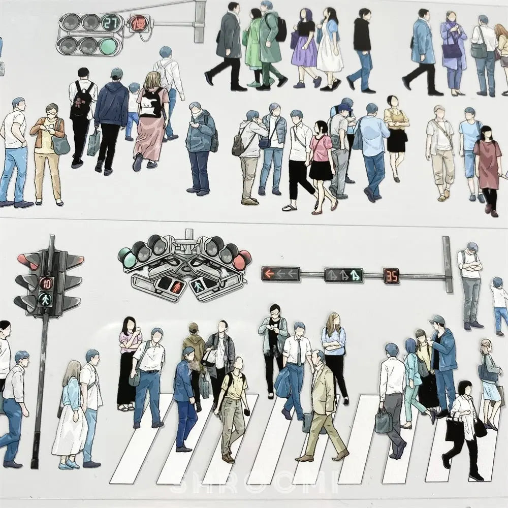 Pedestrians waiting at countdown traffic light and crossing zebra crosswalk on PET tape