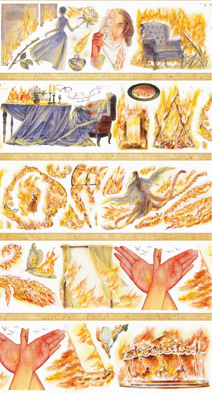 Ephemeral Dreams pet tape with fiery watercolor art of flames and dramatic scenes