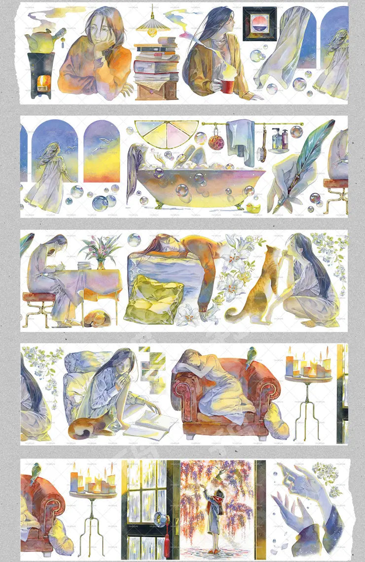 Ephemeral Dreams pet tape featuring watercolor illustrations of people, cats, and cozy home scenes