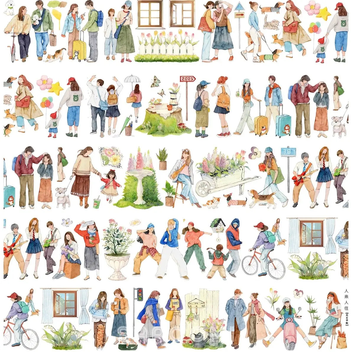 Complete flat-lay of Everyday Strolls PET tape strips showing watercolor people cycling, walking dogs, shopping, and carrying flowers