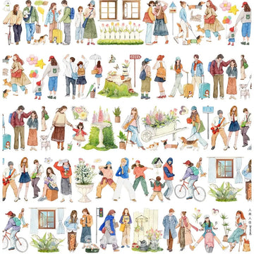 Complete flat-lay of Everyday Strolls PET tape strips showing watercolor people cycling, walking dogs, shopping, and carrying flowers