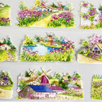 Charming Fairy Tale Town PET Tape showcasing dreamy European village scenes with soft florals and serene lakeside views.