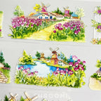 Charming Fairy Tale Town PET Tape in 6 styles, featuring dreamy floral gardens, quaint villages, and serene lakeside scenes.