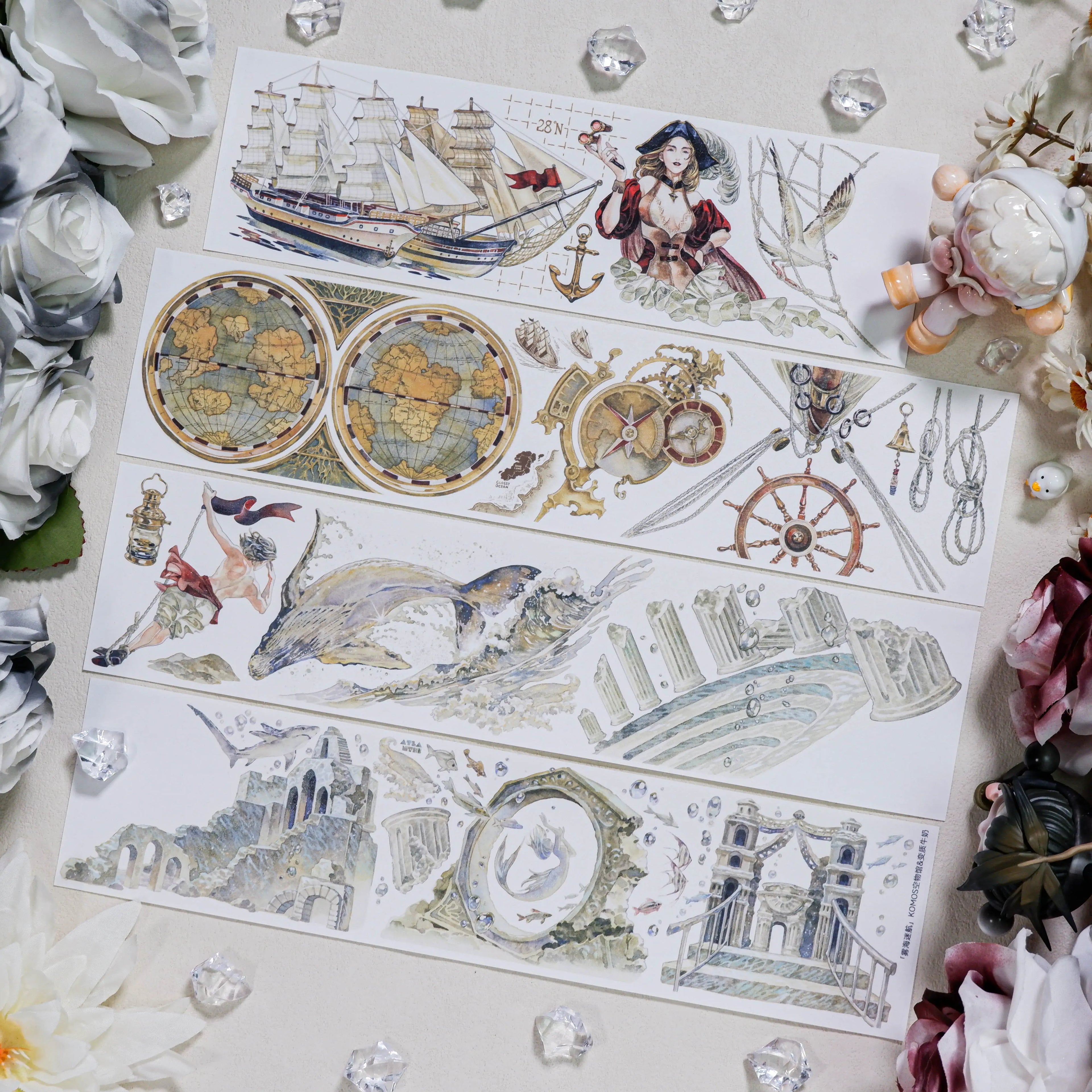 Fog sea voyage hand-painted PET tape set with whale, ancient ruins, maps - Shroomi