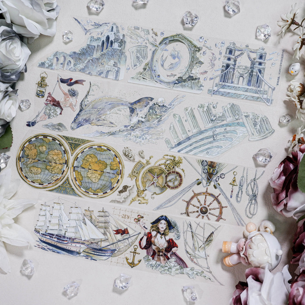 Hand-painted fog sea voyage PET tape with whale, pirate ship, compass - Shroomi