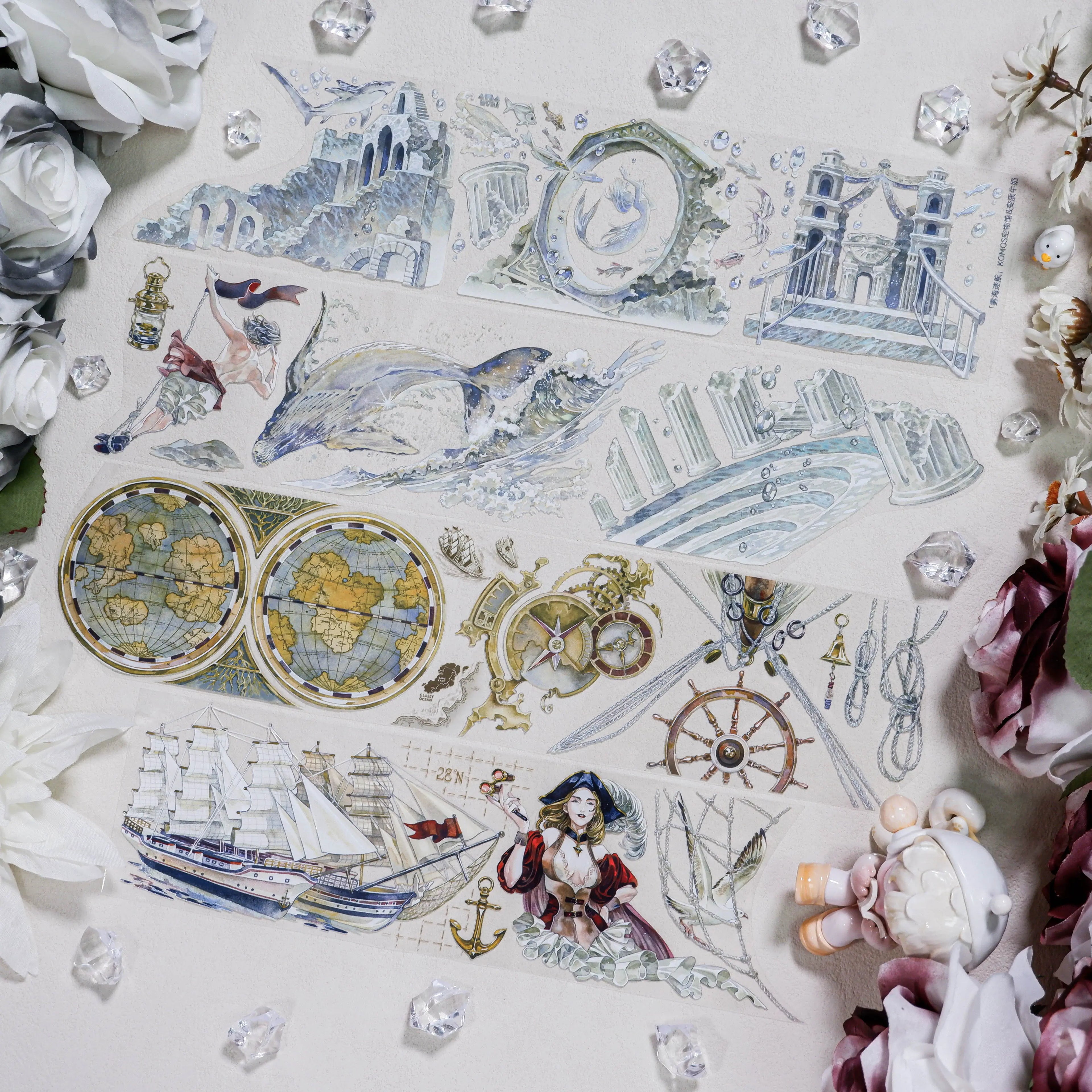 Hand-painted fog sea voyage PET tape with whale, pirate ship, compass - Shroomi