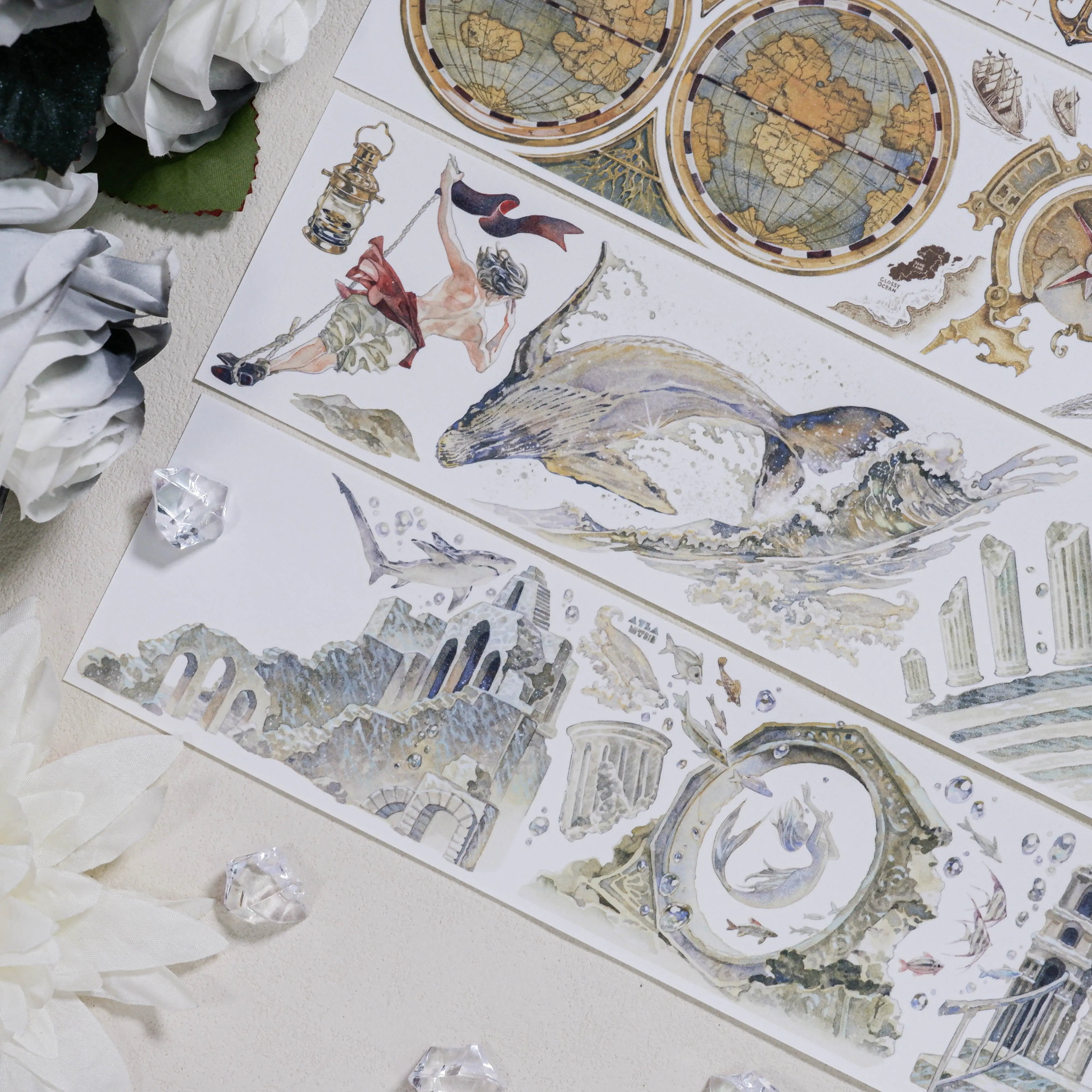 Fog sea voyage hand-painted PET tape set with whale, ancient ruins, maps - Shroomi