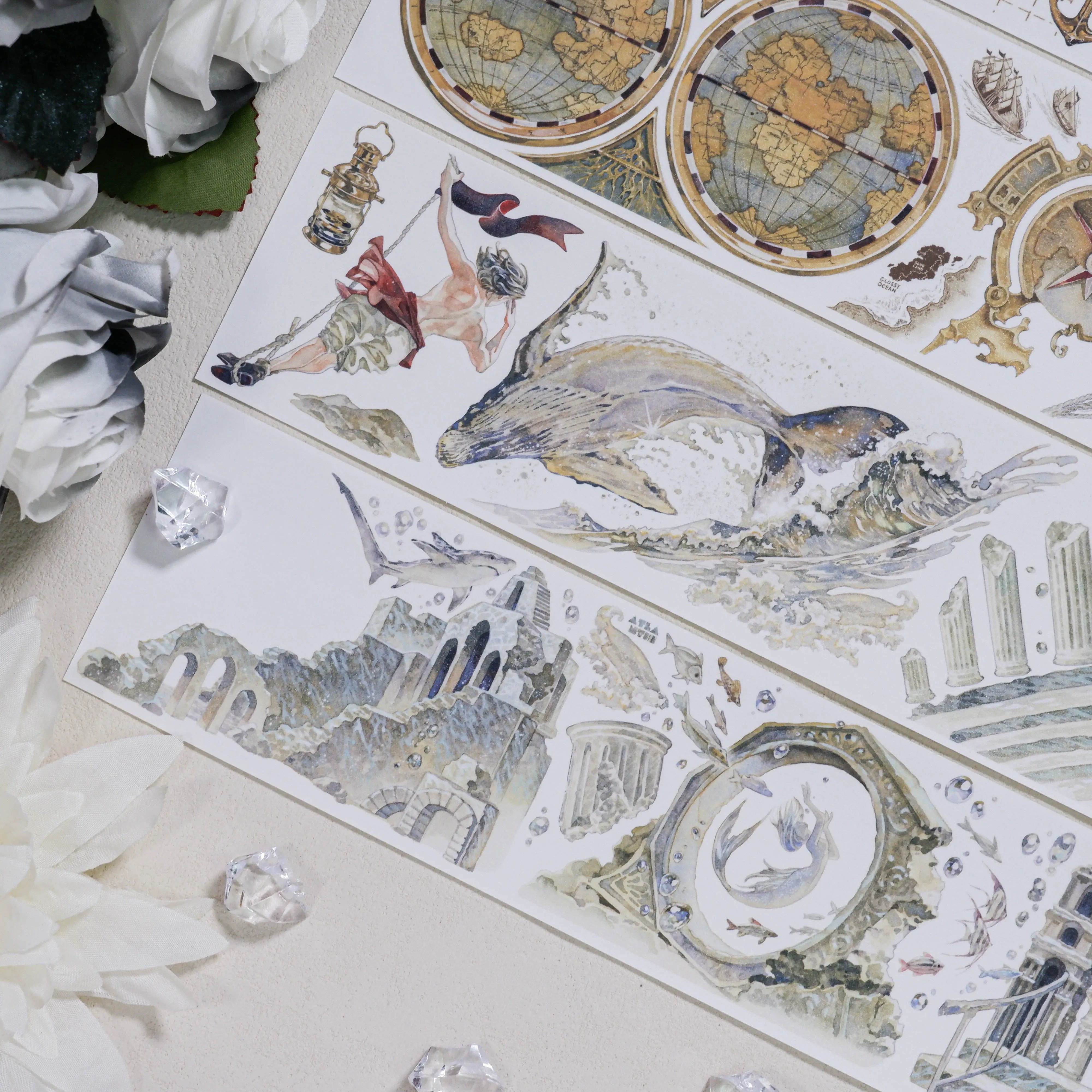 Fog sea voyage hand-painted PET tape set with whale, ancient ruins, maps - Shroomi