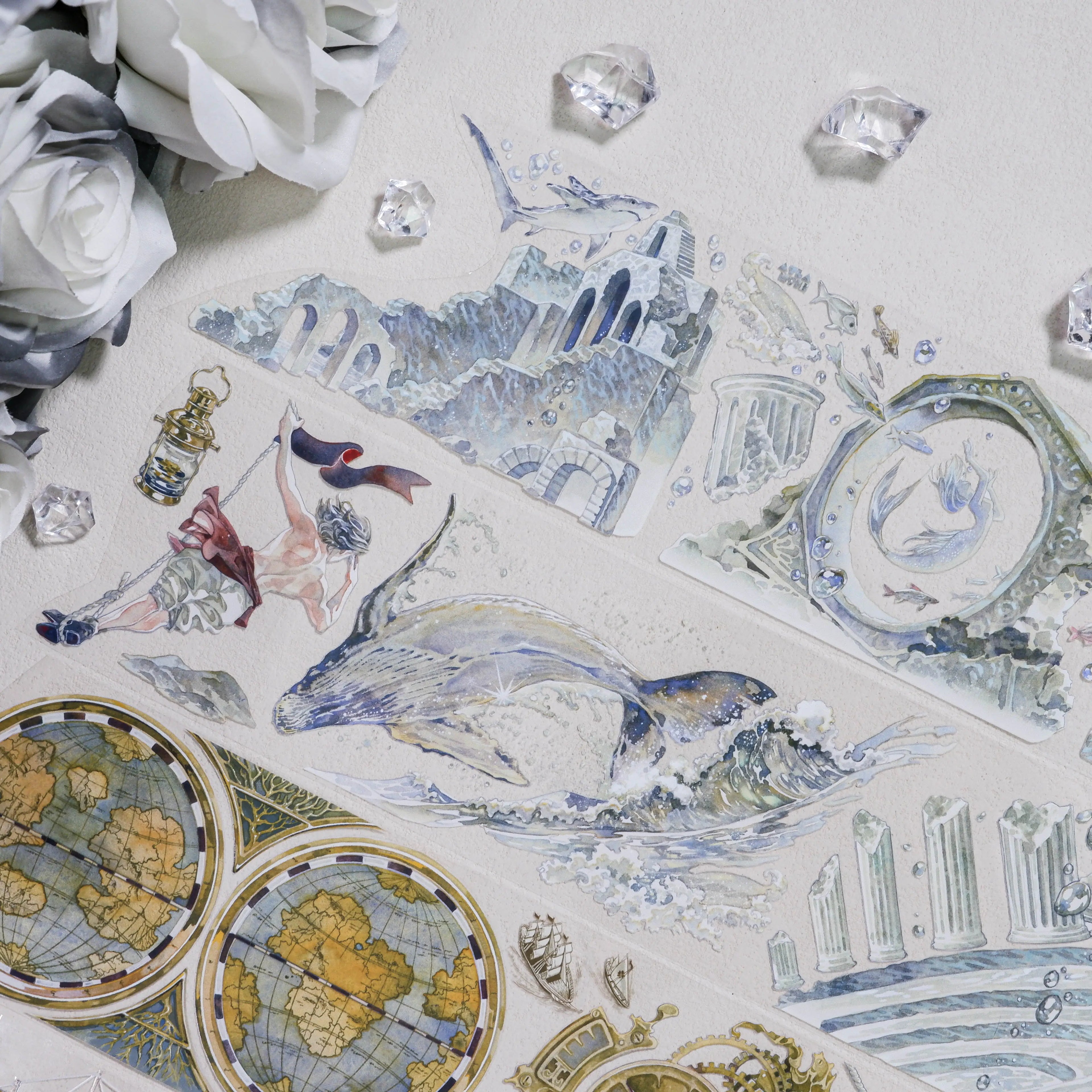 Hand-painted fog sea voyage PET tape with whale, ancient ruins, maps - Shroomi