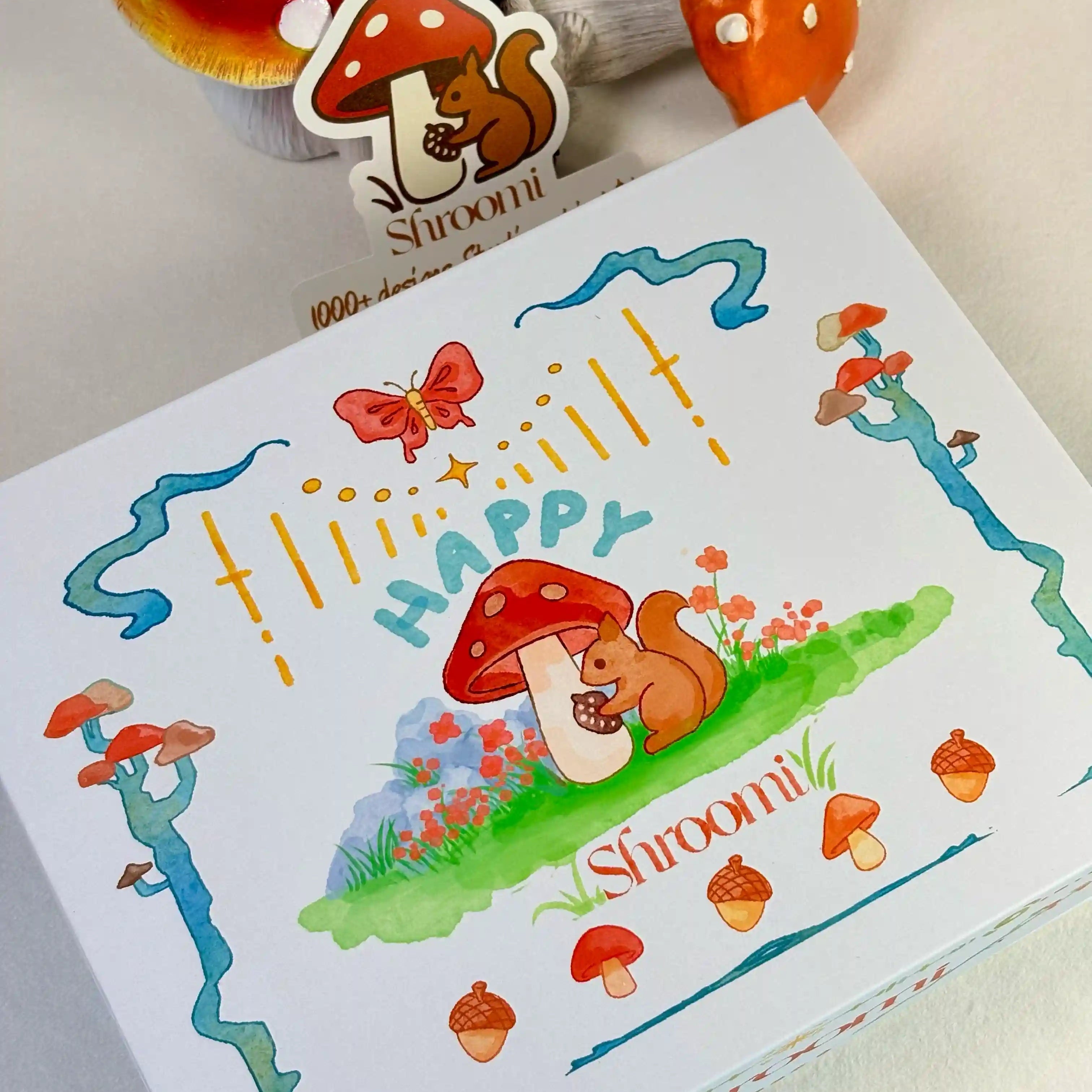 Cartoon squirrel and mushrooms design on a box with 'Shroomix' branding.