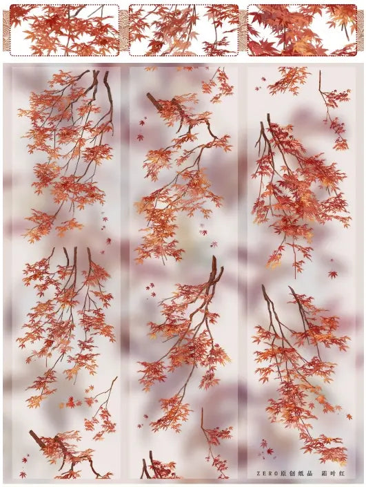 PET tape with white ink showing elegant branches with deep crimson red maple leaves.