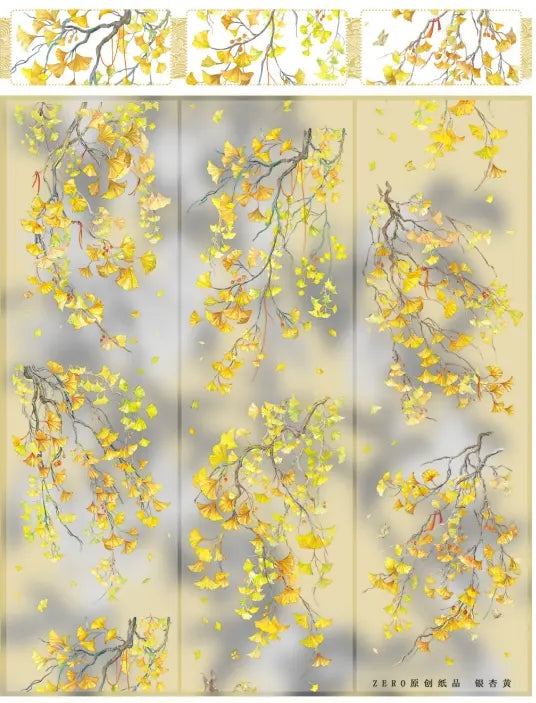 PET tape with white ink showing elegant, cascading branches of vibrant yellow ginkgo leaves.
