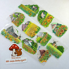 Golden Warm Earth PET Tape showcasing vibrant sunflower fields and cozy cottages in a sunlit, rustic countryside design.