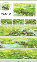 Lush Green Meadow Dreams PET Tape showcasing a serene forest scene with soft watercolor wildflowers and flowing creeks.
