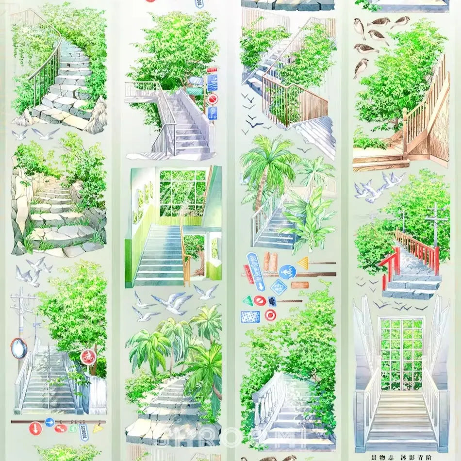 Green Sunlit Steps PET Tape Green Sunlit Steps Tape – Decorative Tape with Garden & Outdoor Stairway Design