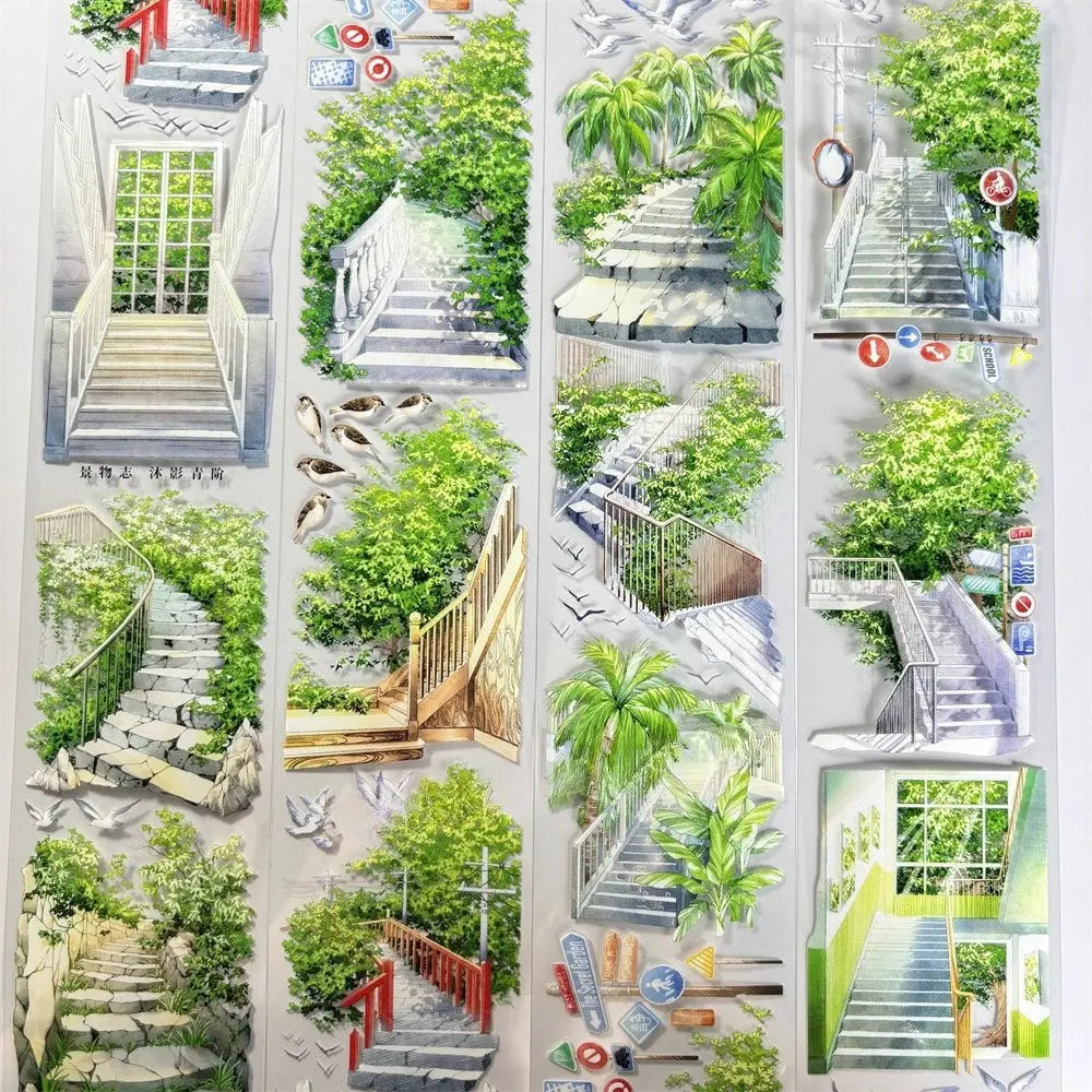 Green Sunlit Steps PET Tape Green Sunlit Steps Tape – Decorative Tape with Garden & Outdoor Stairway Design