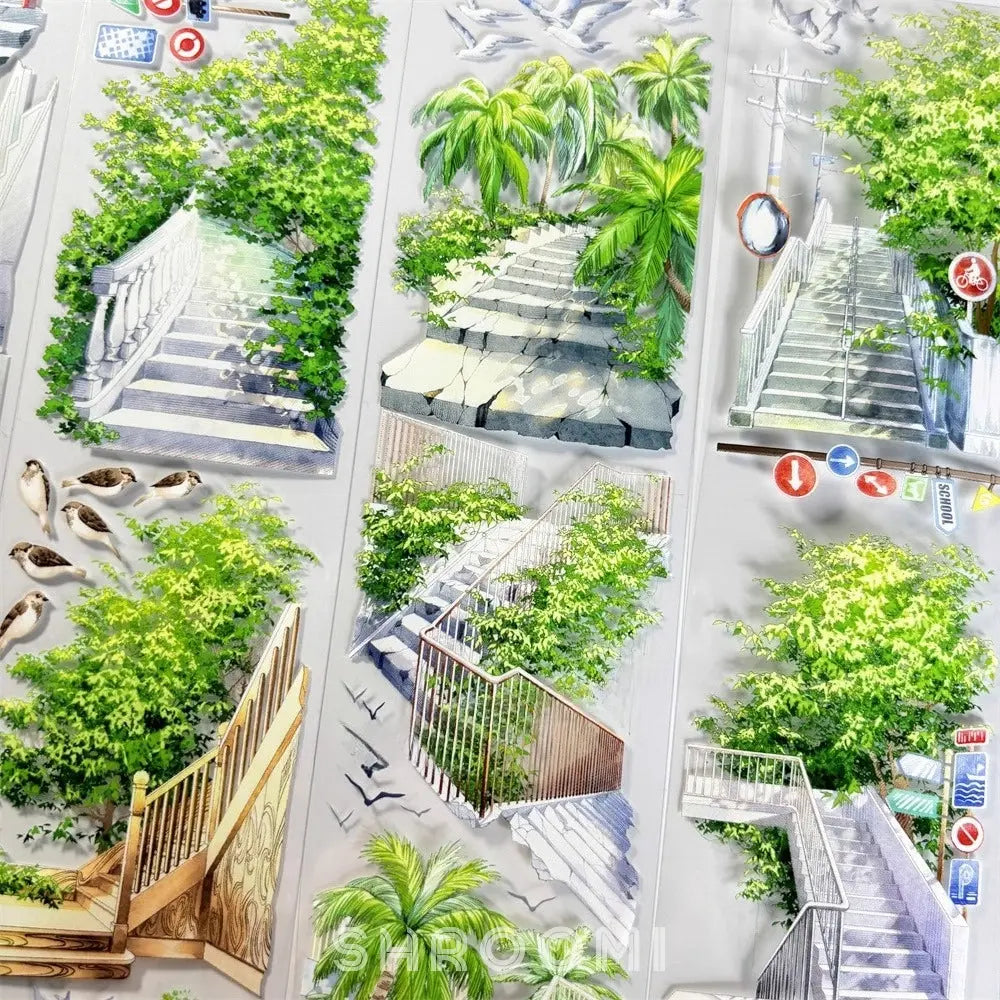 Green Sunlit Steps PET Tape Green Sunlit Steps Tape – Decorative Tape with Garden & Outdoor Stairway Design