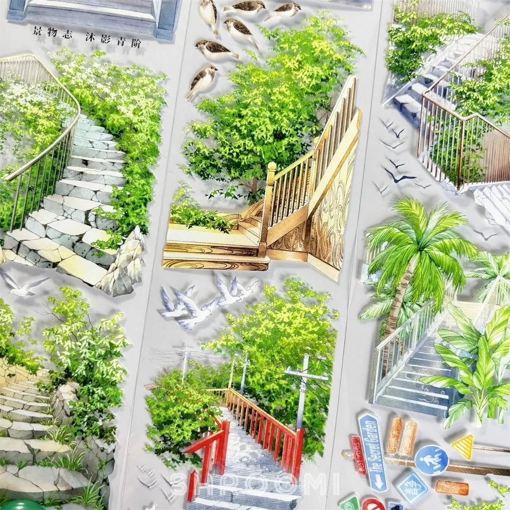 Green Sunlit Steps PET Tape Green Sunlit Steps Tape – Decorative Tape with Garden & Outdoor Stairway Design