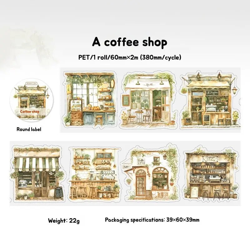 Grocery Shop Scene PET Tape 6 Styles Grocery Shop Scene PET Stickers | Vintage Storefront Illustrations