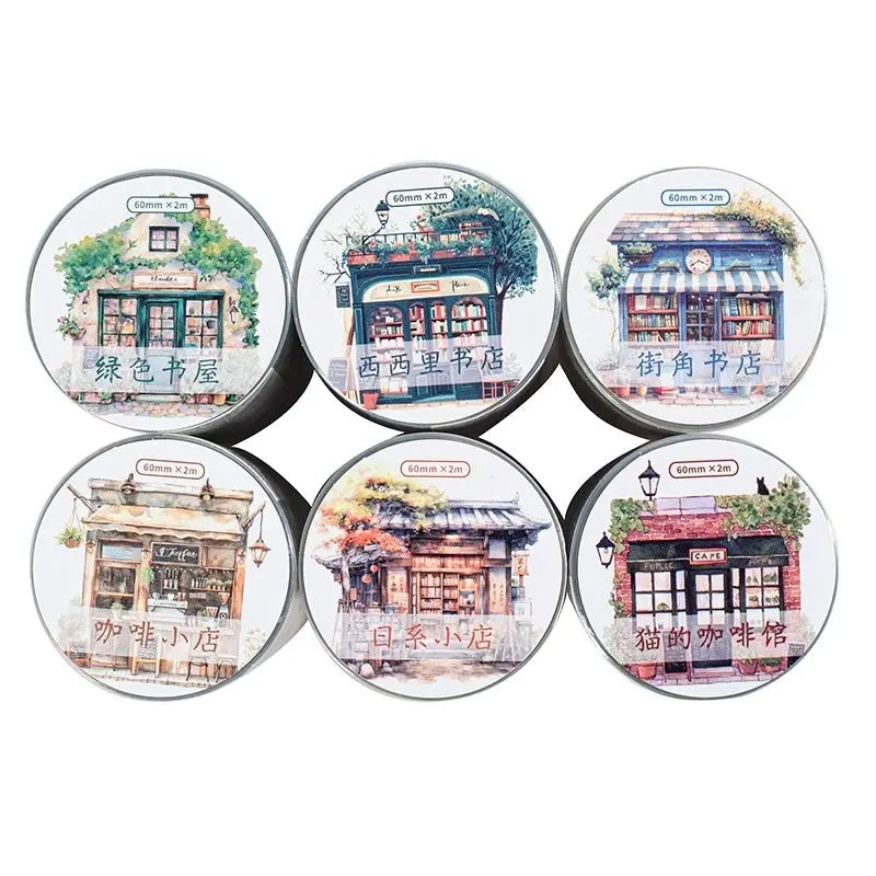 Grocery Shop Scene PET Tape 6 Styles Grocery Shop Scene PET Stickers | Vintage Storefront Illustrations