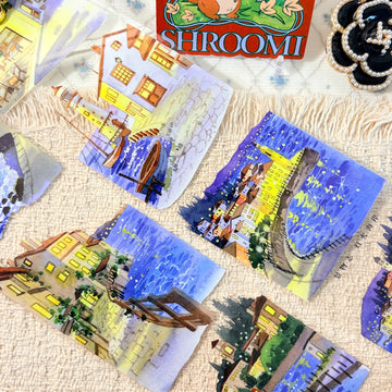 Glowing waterfront buildings in deep blue evening scenes on decorative tape