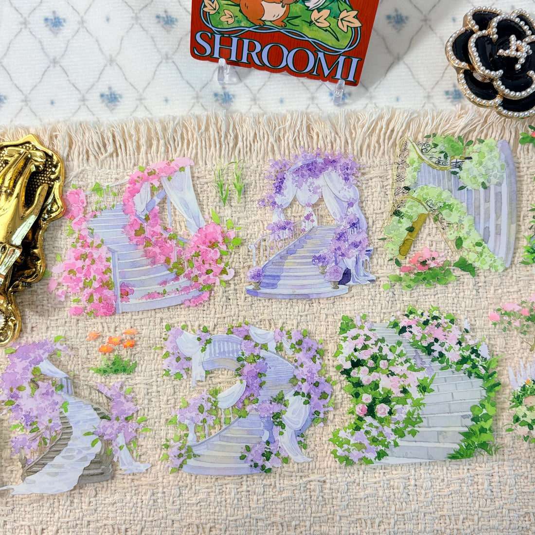 Flower-covered steps and garden paths on decorative tape
