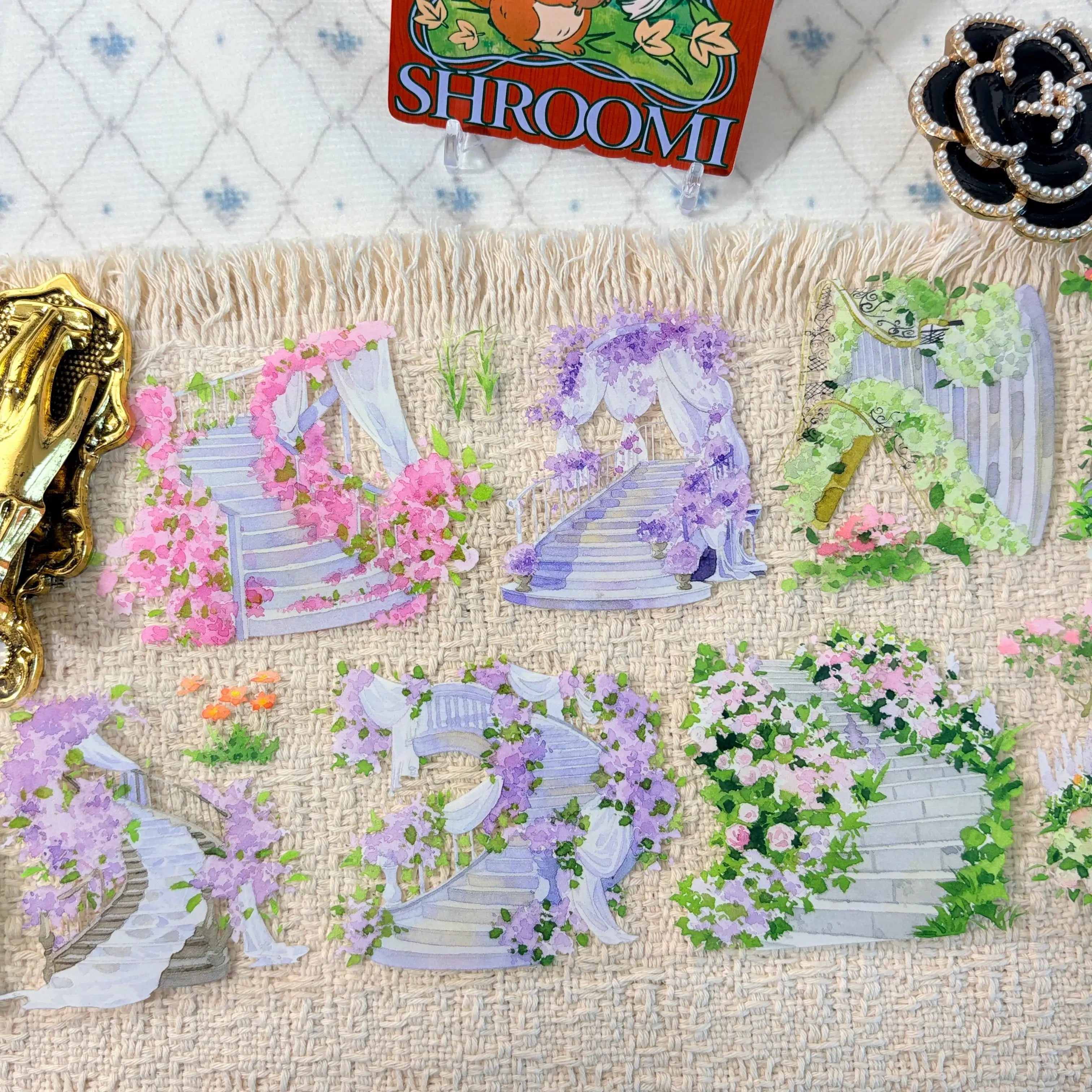 Flower-covered steps and garden paths on decorative tape