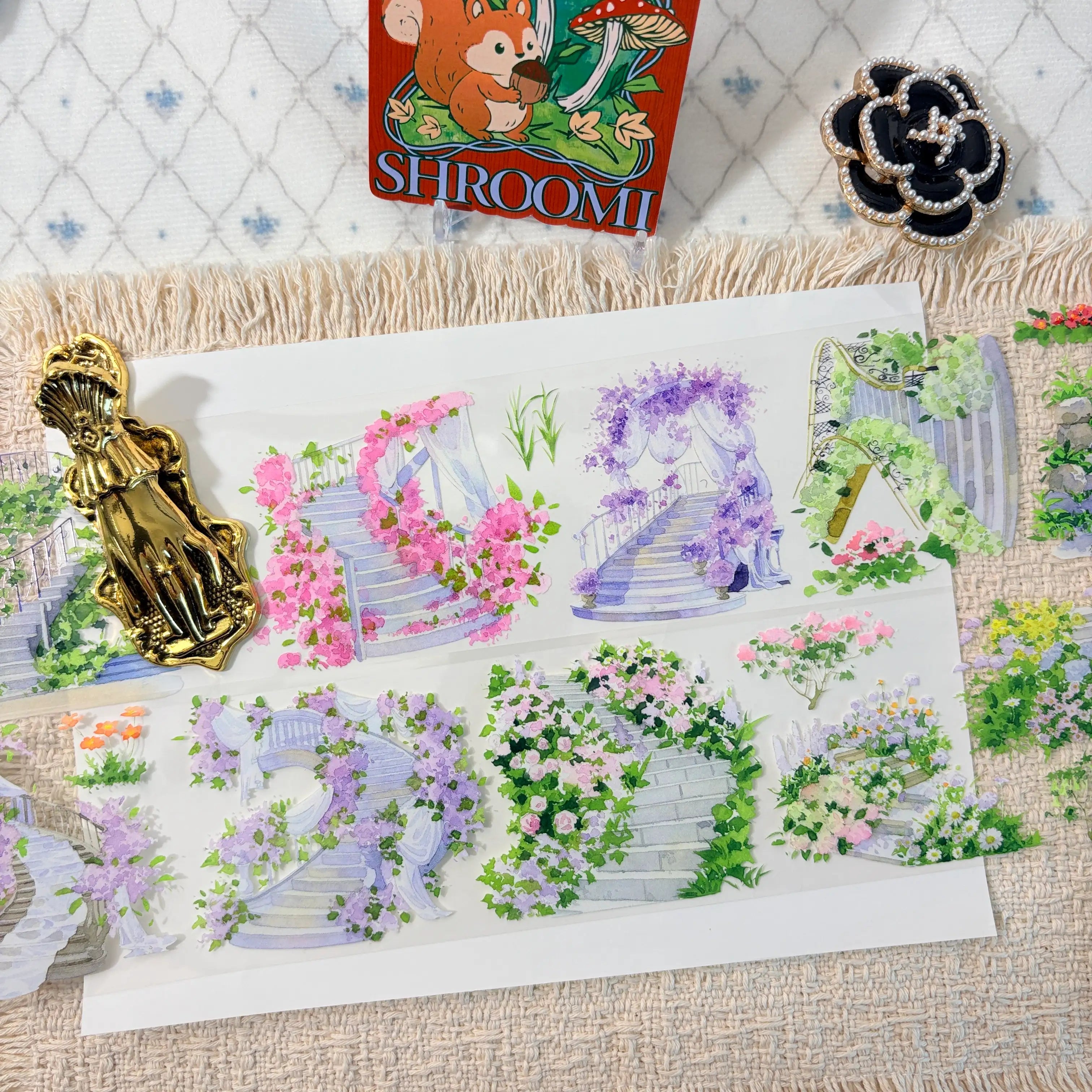 Flower-covered steps and garden paths on decorative tape
