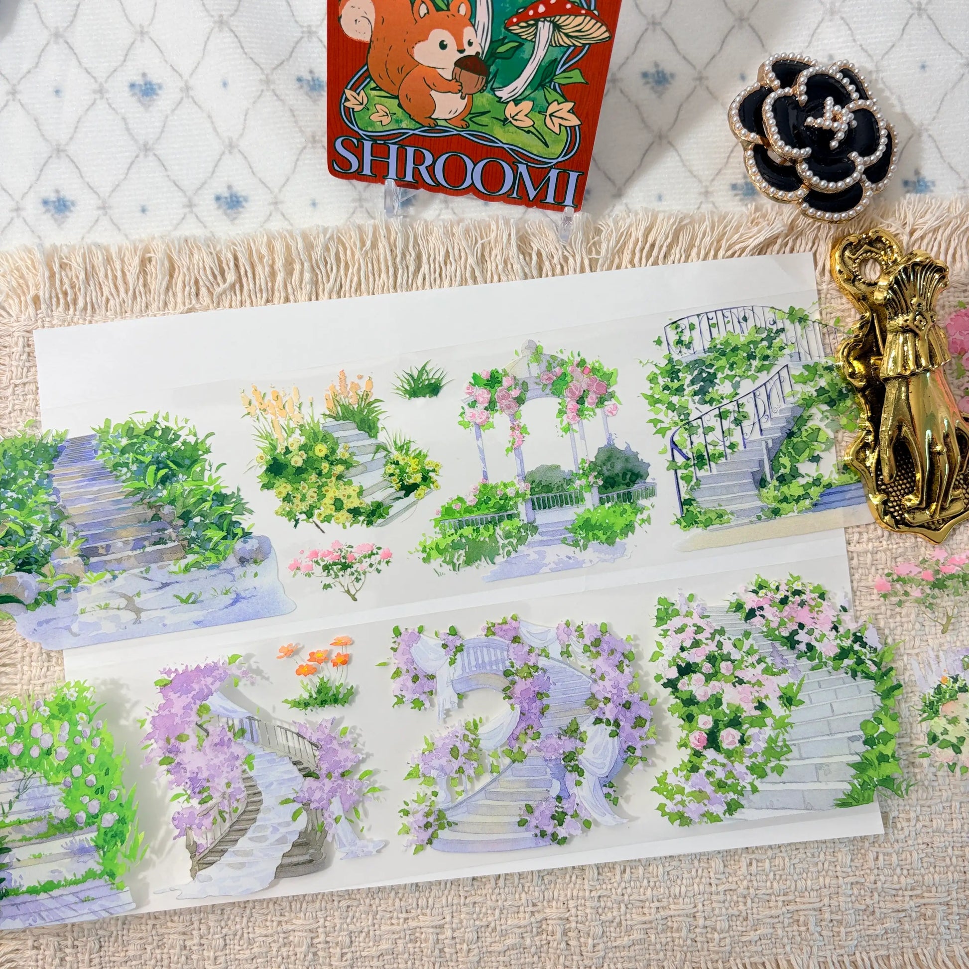 Flower-covered steps and garden paths on decorative tape