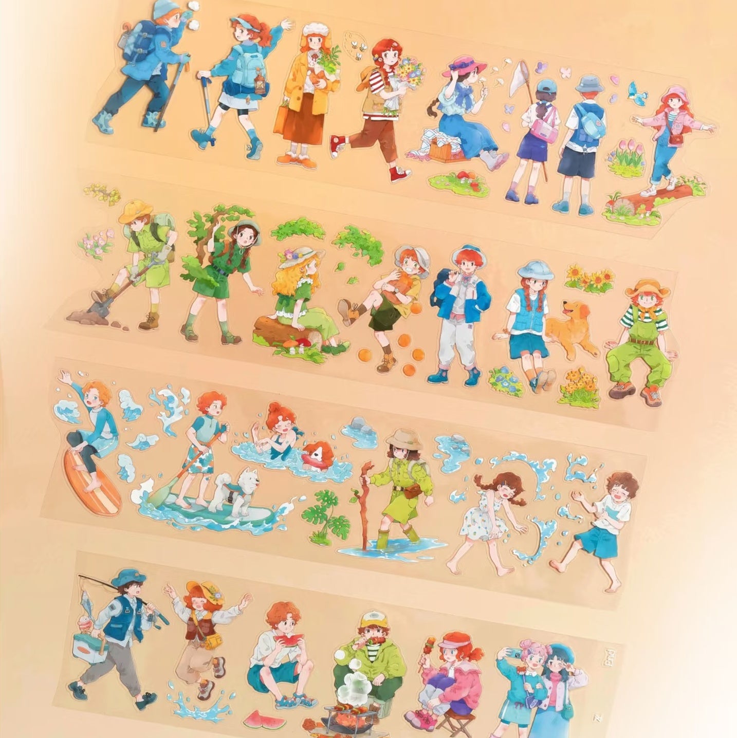 Adventure girls PET tape strips showing vibrant kawaii lifestyle illustrations on warm background