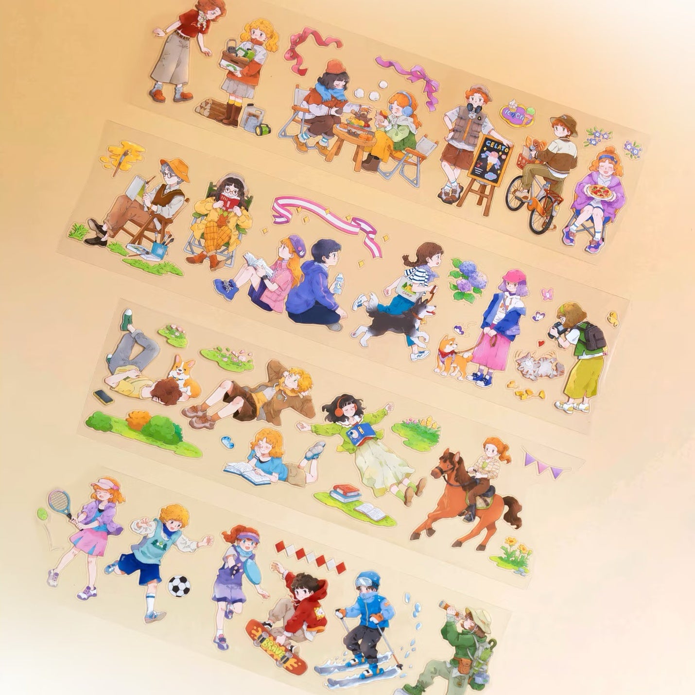 Everyday girls PET tape detail showing kawaii girls reading horseback riding skateboarding and playing tennis