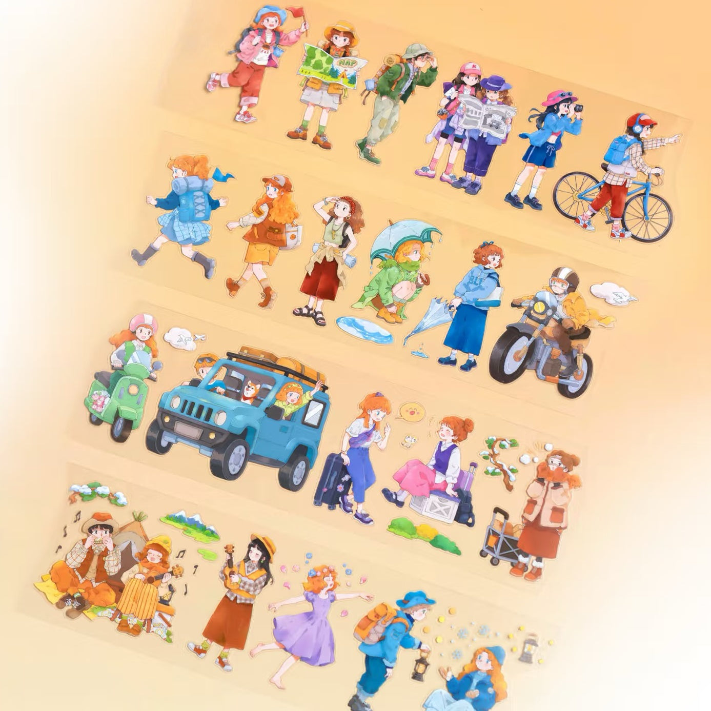 Adventure girls PET tape on warm peach background showing girls in sports and daily life illustration strips