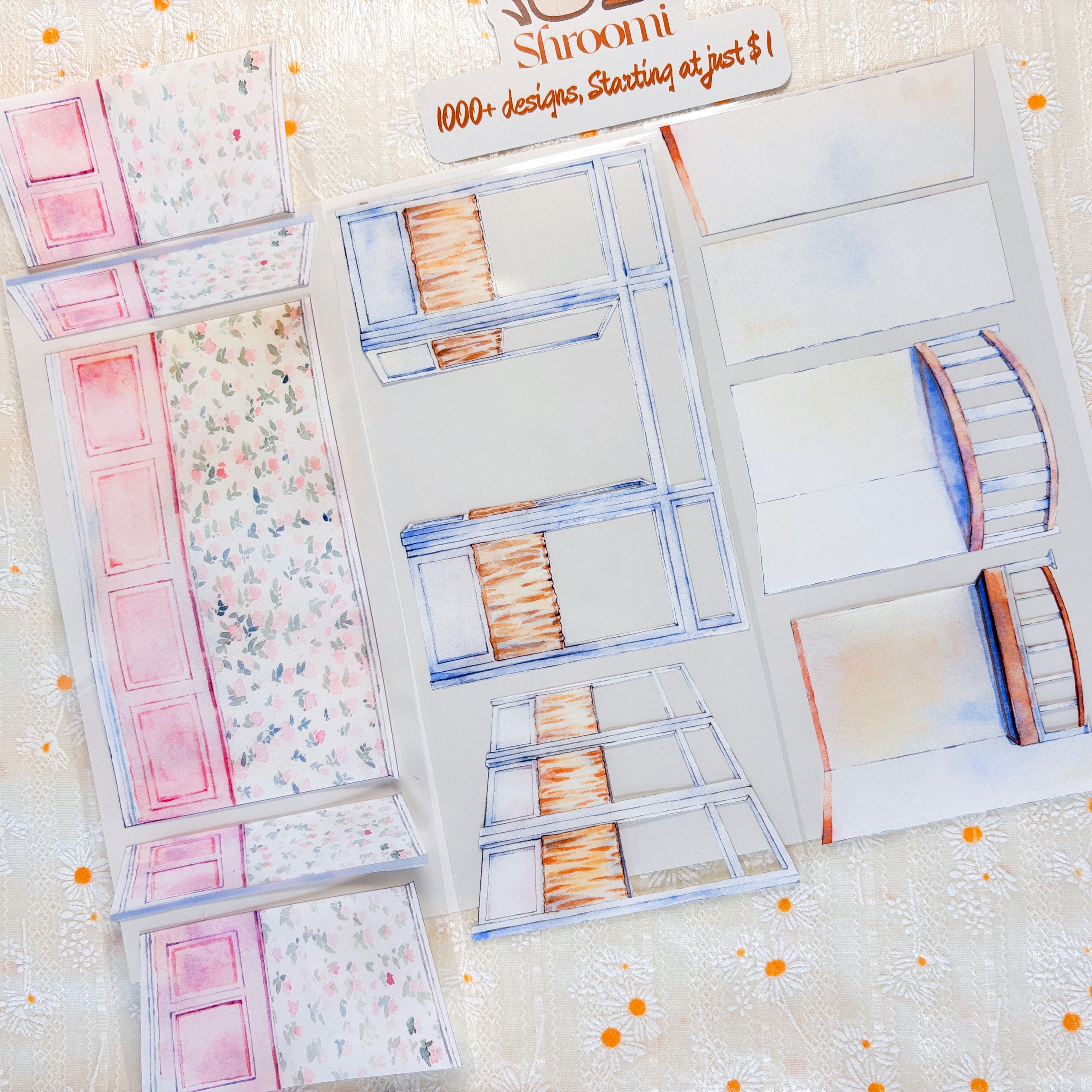 Wall 2.0 Room Scenery Tape – Pink Arched Doorways, Floral Wallpaper & Tile Floors | Washi & PET