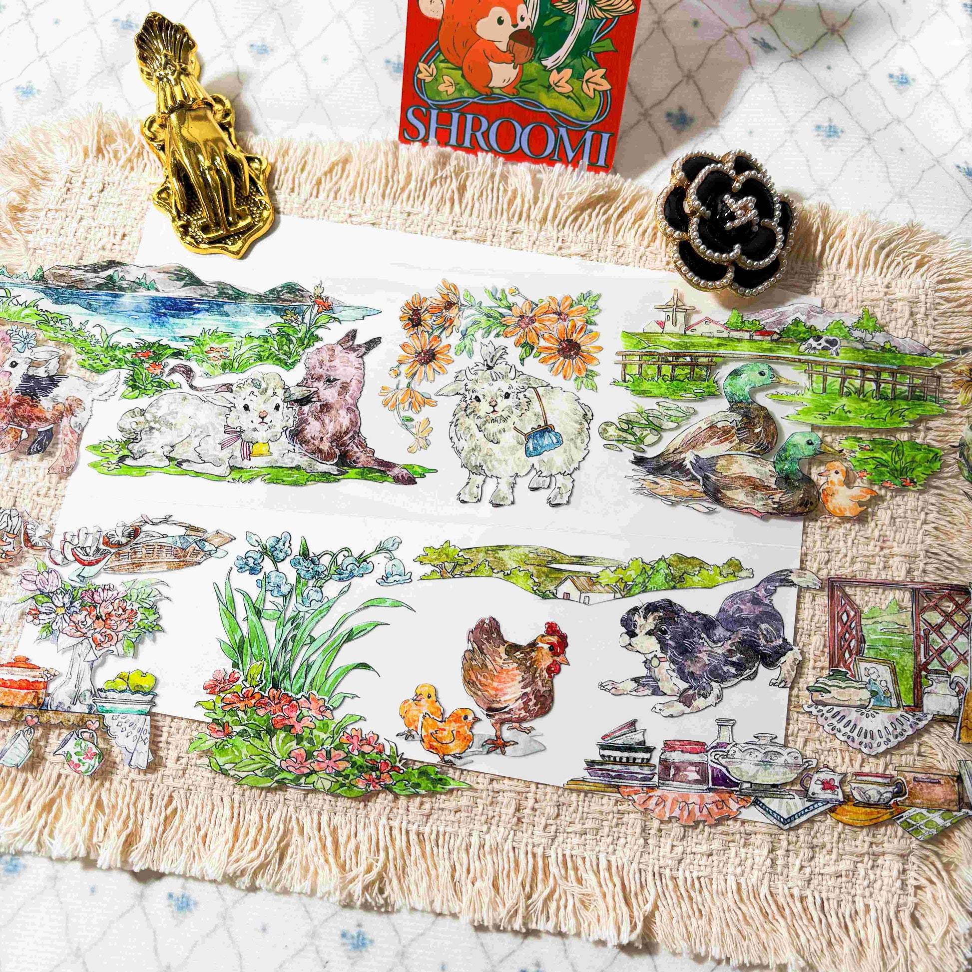 Friendly ranch animals, wildflowers, birds, and countryside scenes on PET tape