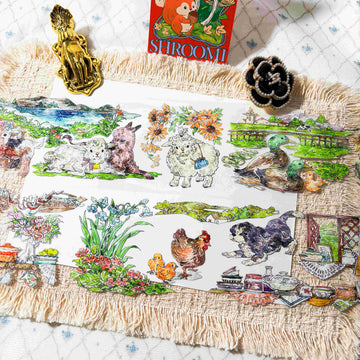Friendly ranch animals, wildflowers, birds, and countryside scenes on PET tape