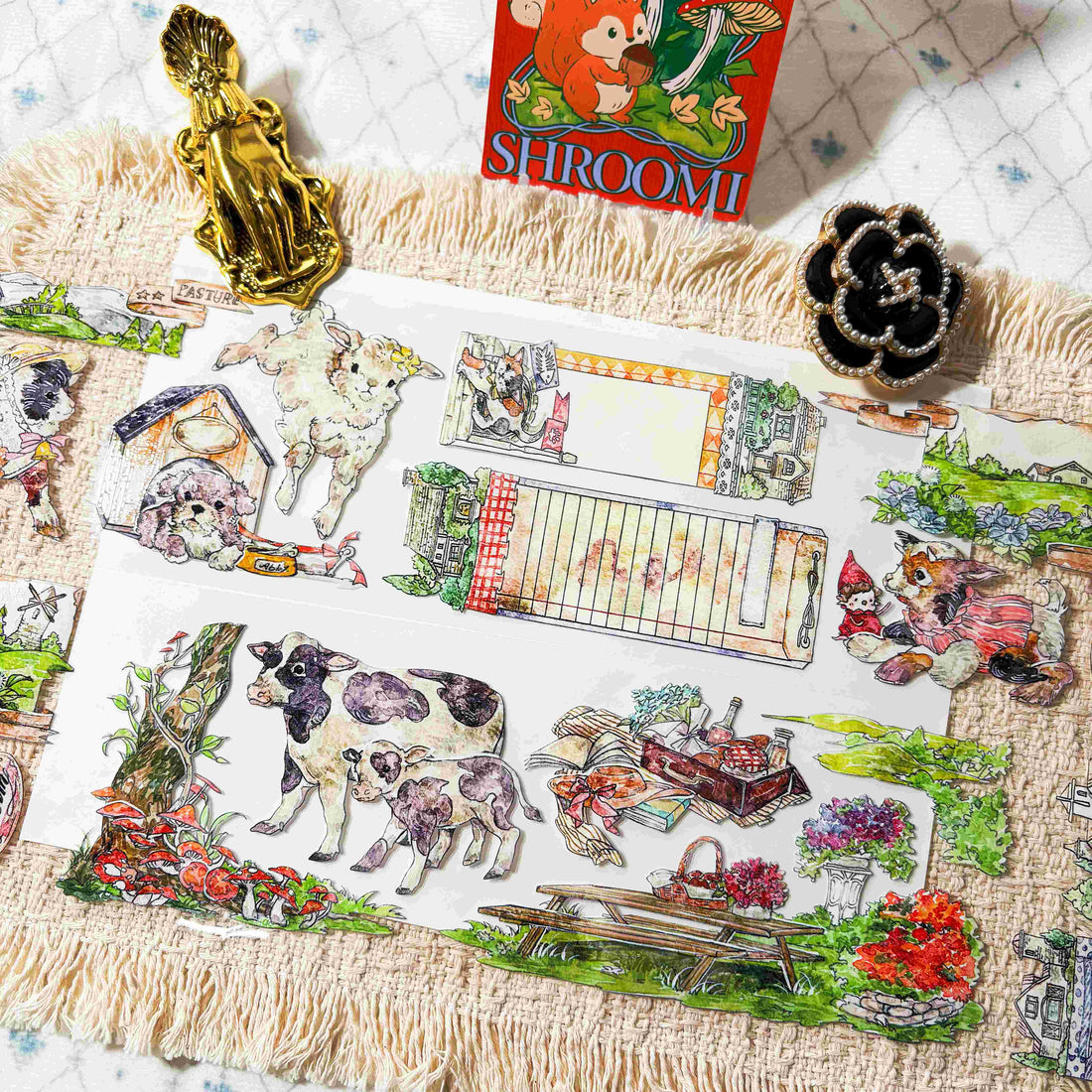 Friendly ranch animals, wildflowers, birds, and countryside scenes on PET tape