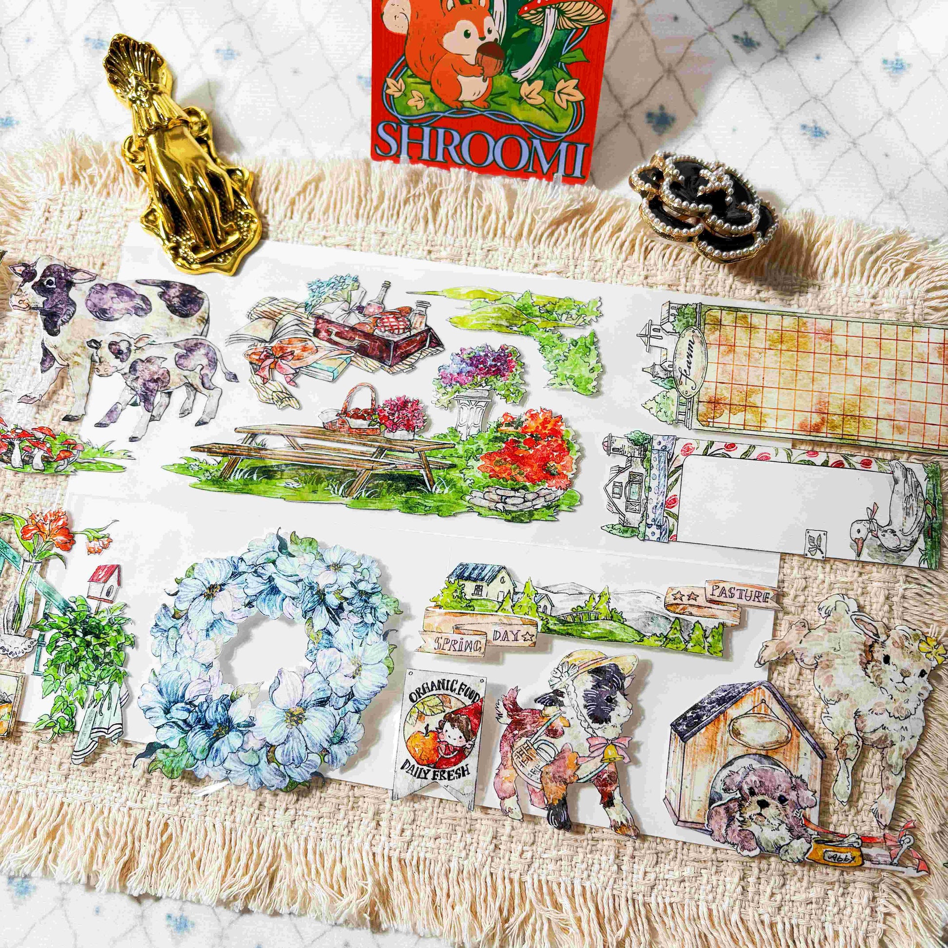 Friendly ranch animals, wildflowers, birds, and countryside scenes on PET tape