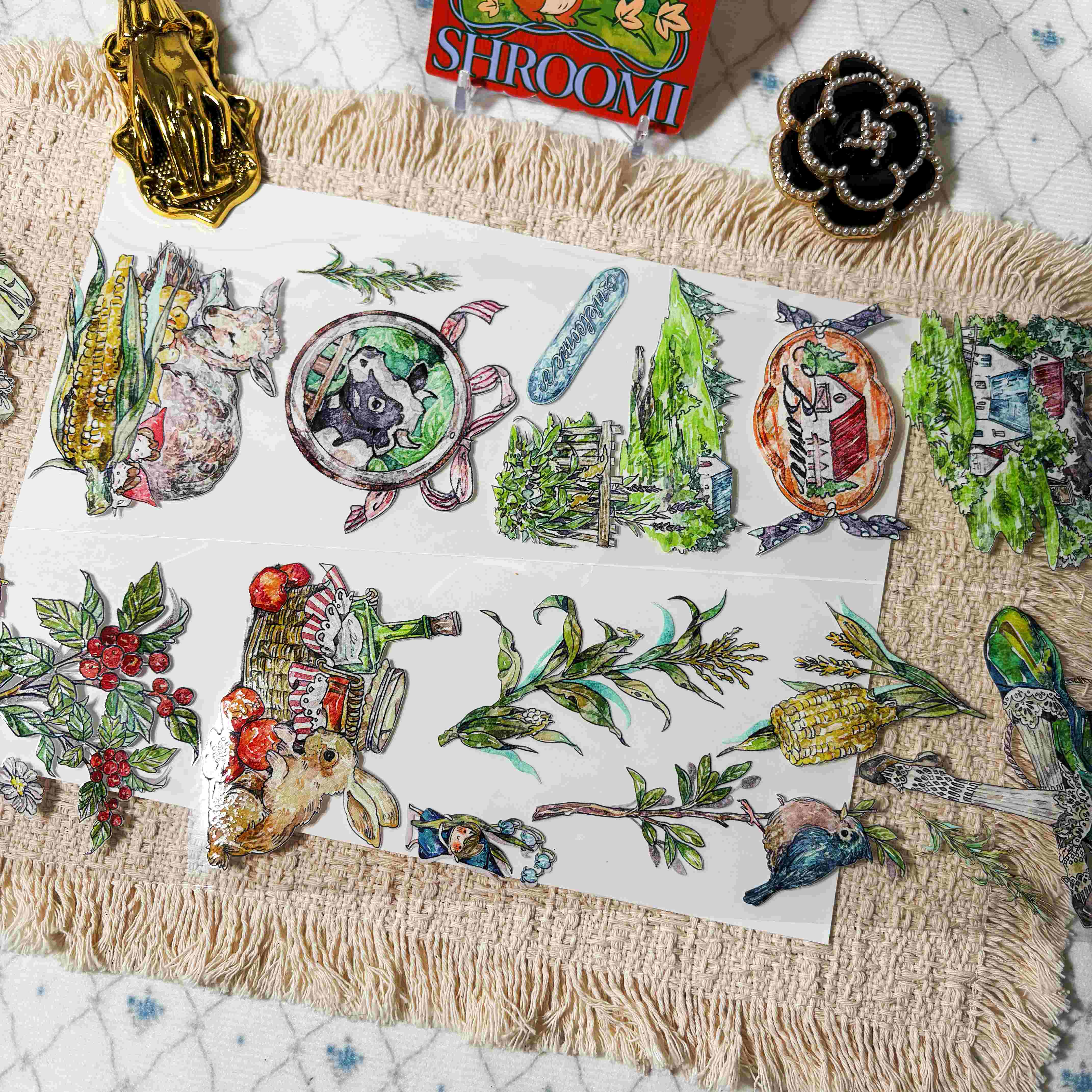 Hand-drawn flowers, farm animals, landscapes, and countryside details on PET tape