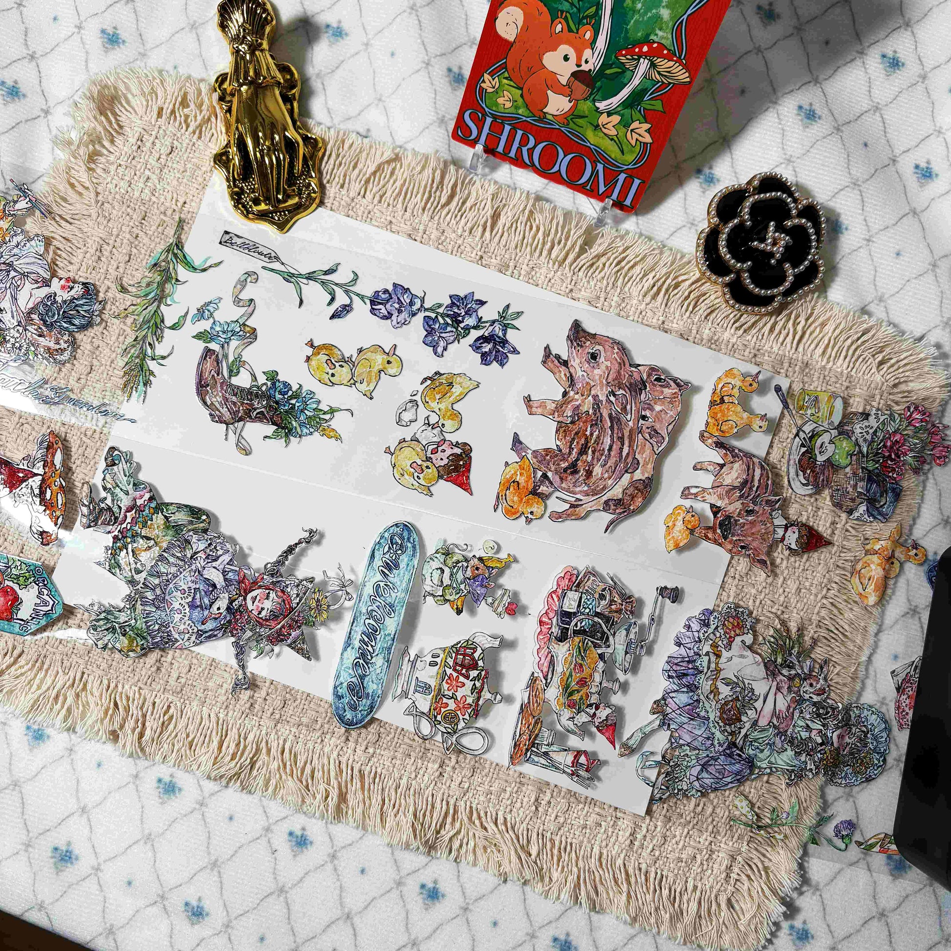 Hand-drawn flowers, farm animals, landscapes, and countryside details on PET tape