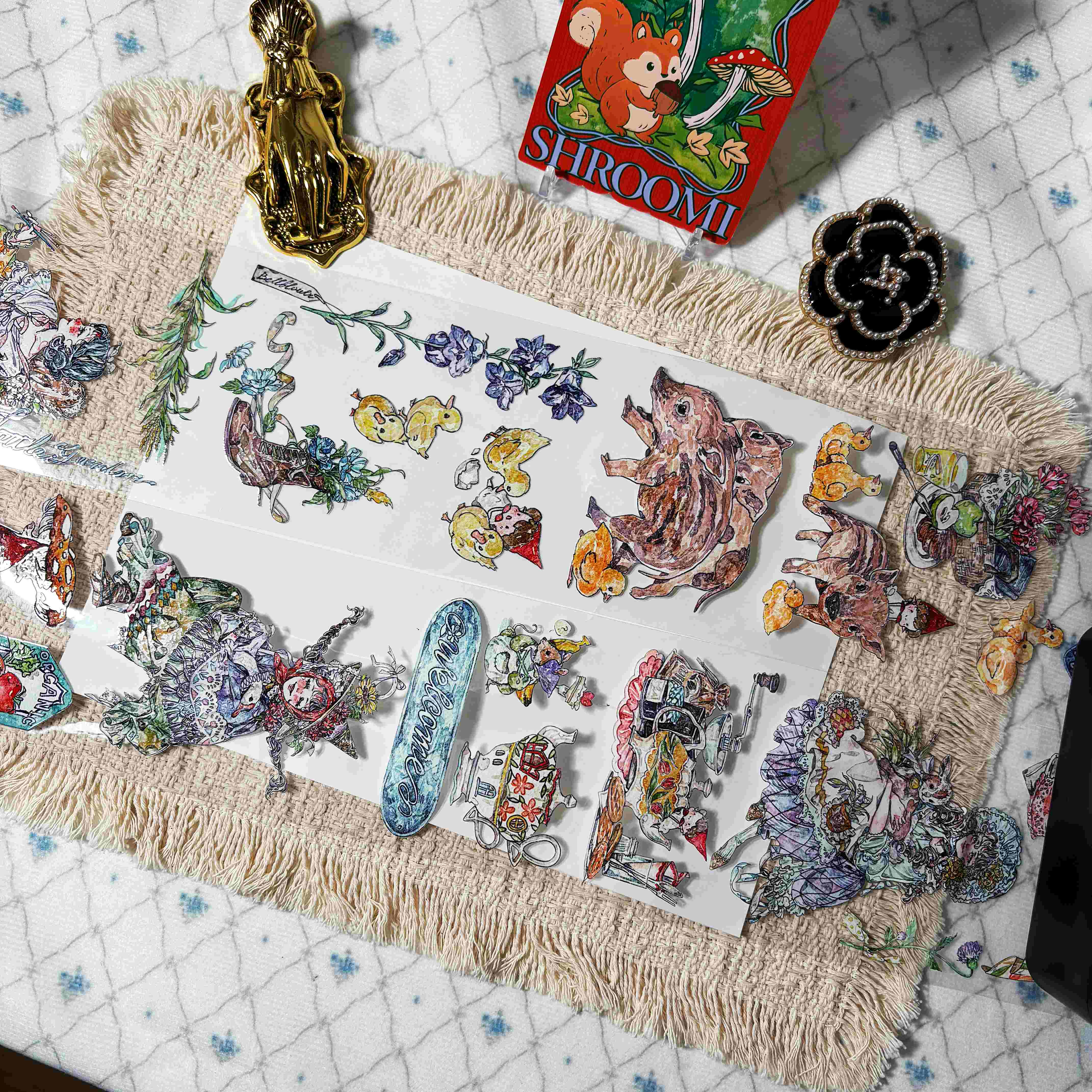 Hand-drawn flowers, farm animals, landscapes, and countryside details on PET tape