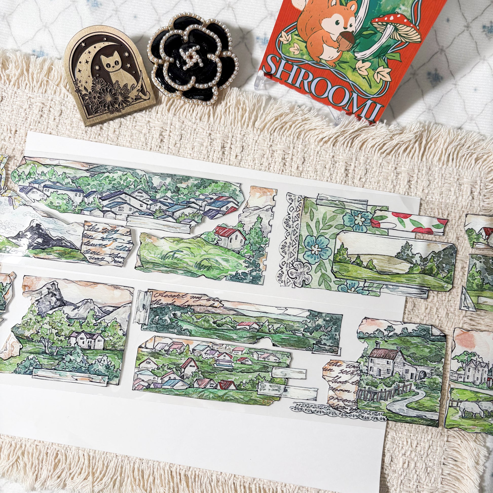 Hand-drawn countryside fields, fences, and rural scenes on PET tape