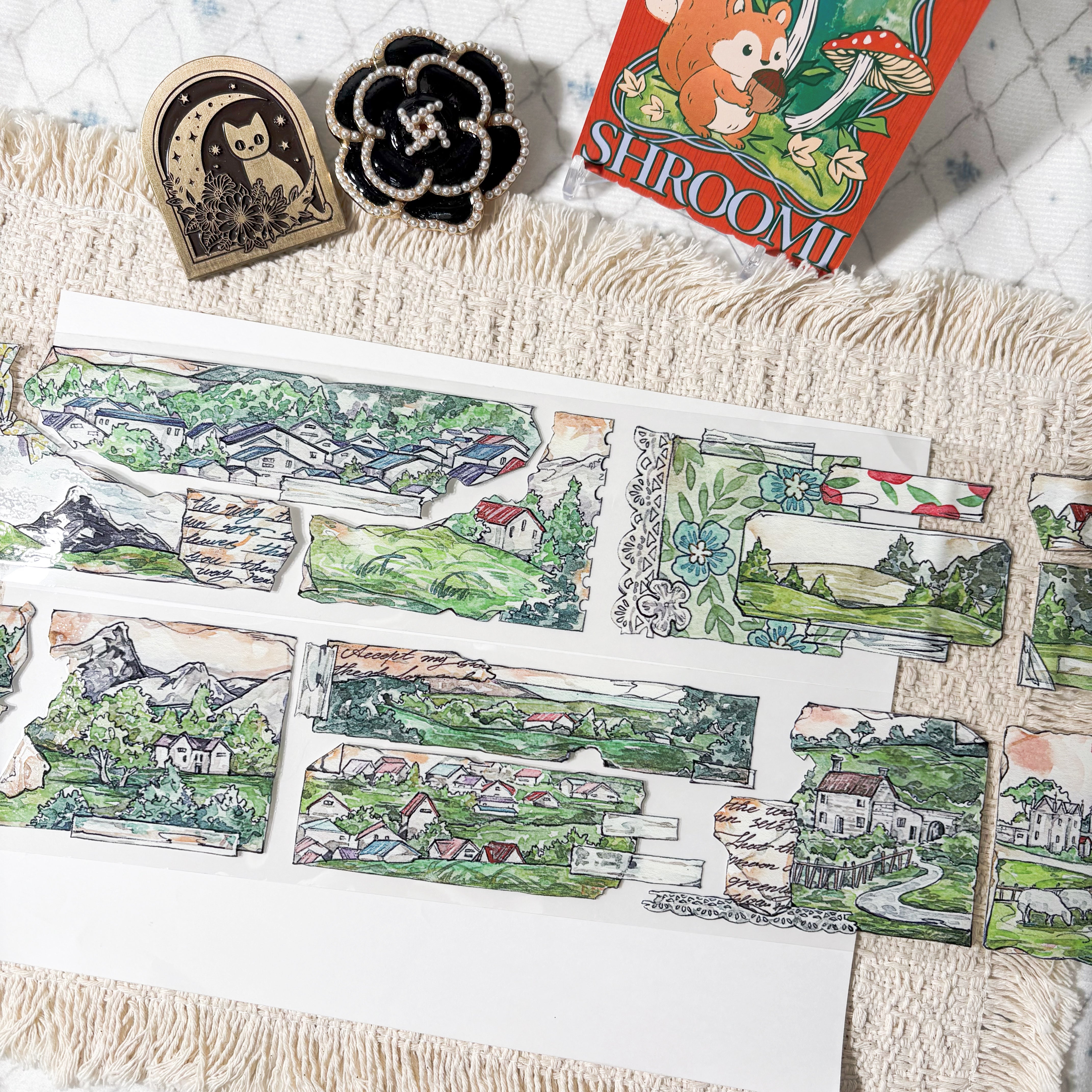Hand-drawn countryside fields, fences, and rural scenes on PET tape