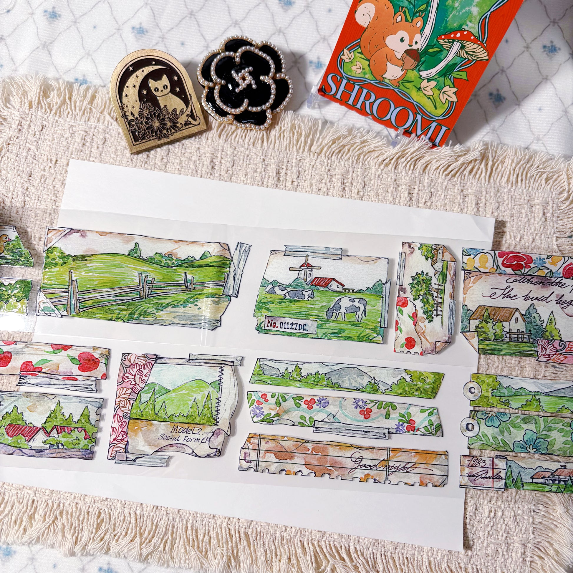 Hand-drawn countryside fields, fences, and rural scenes on PET tape