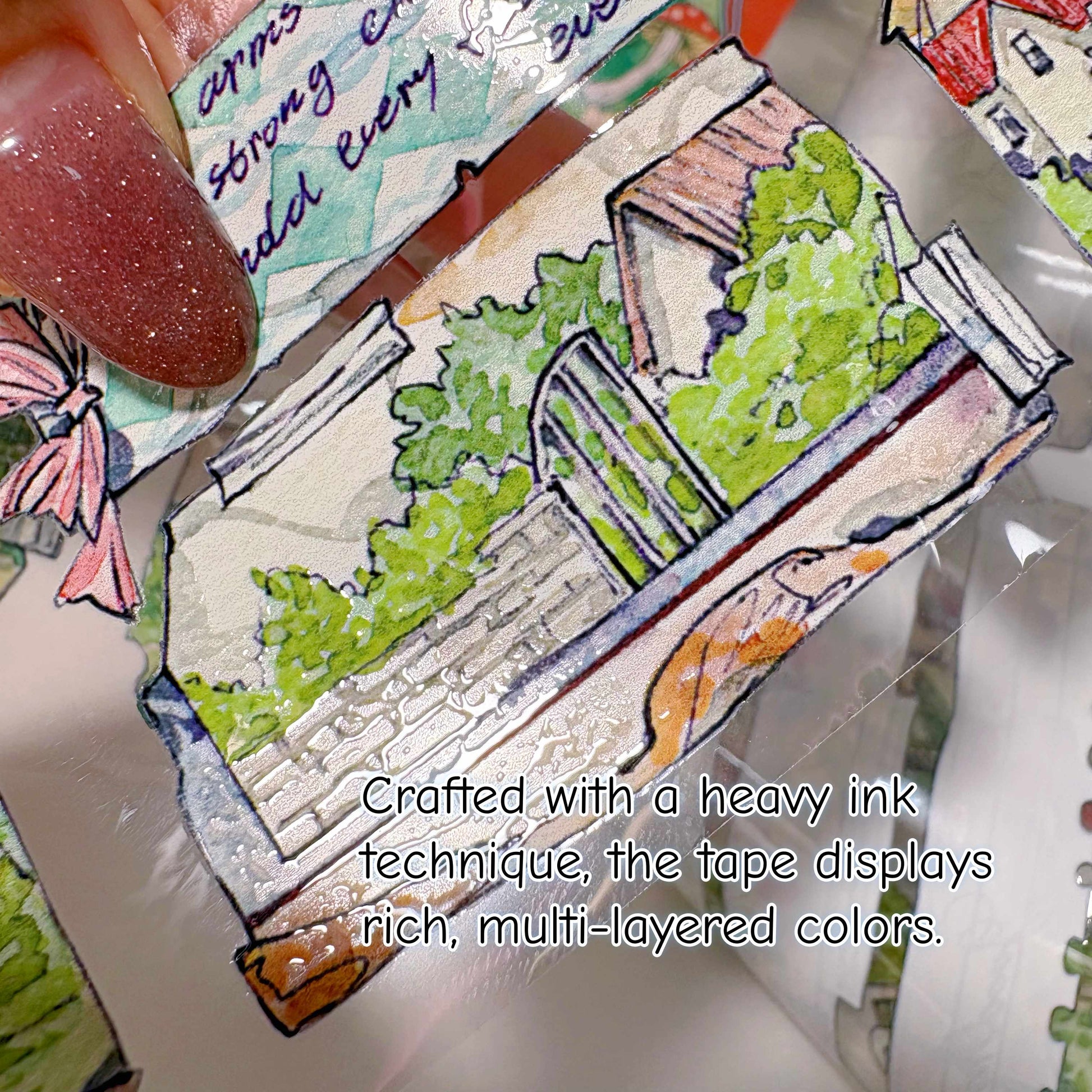 Hand-drawn countryside fields, fences, and rural scenes on PET tape