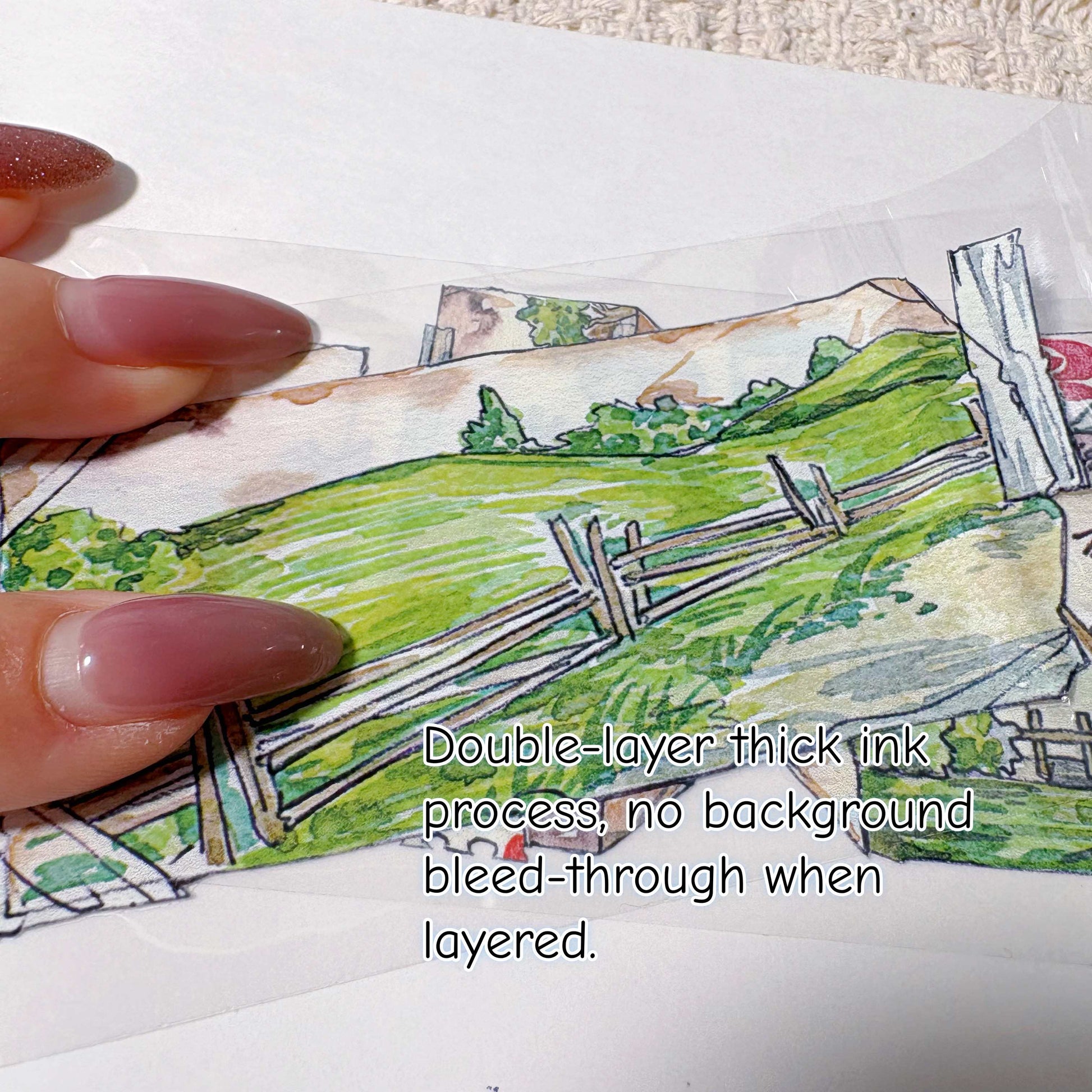 Hand-drawn countryside fields, fences, and rural scenes on PET tape