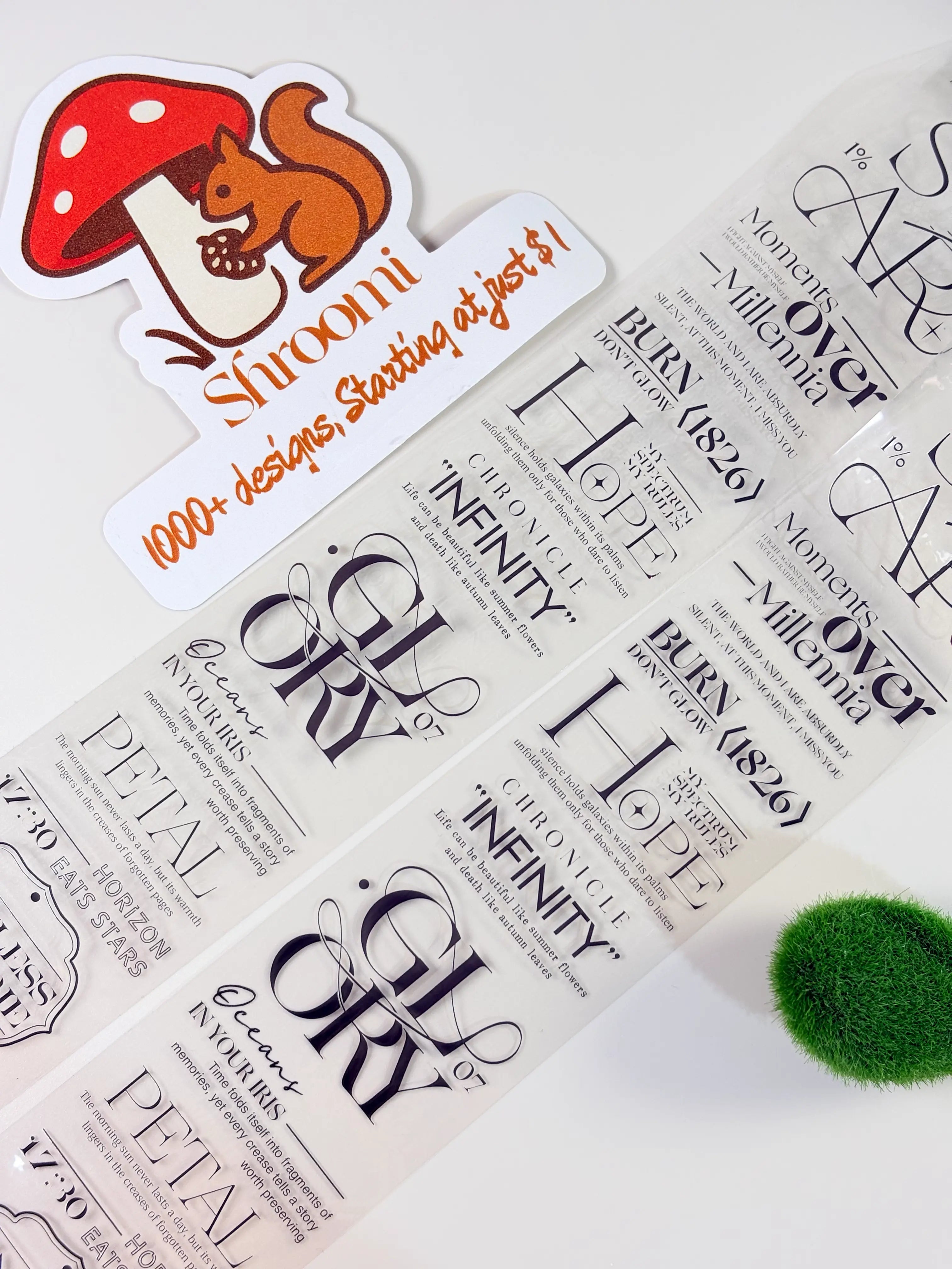 Journaling tape with decorative text, typography, and a mushroom and squirrel sticker | Shroomi