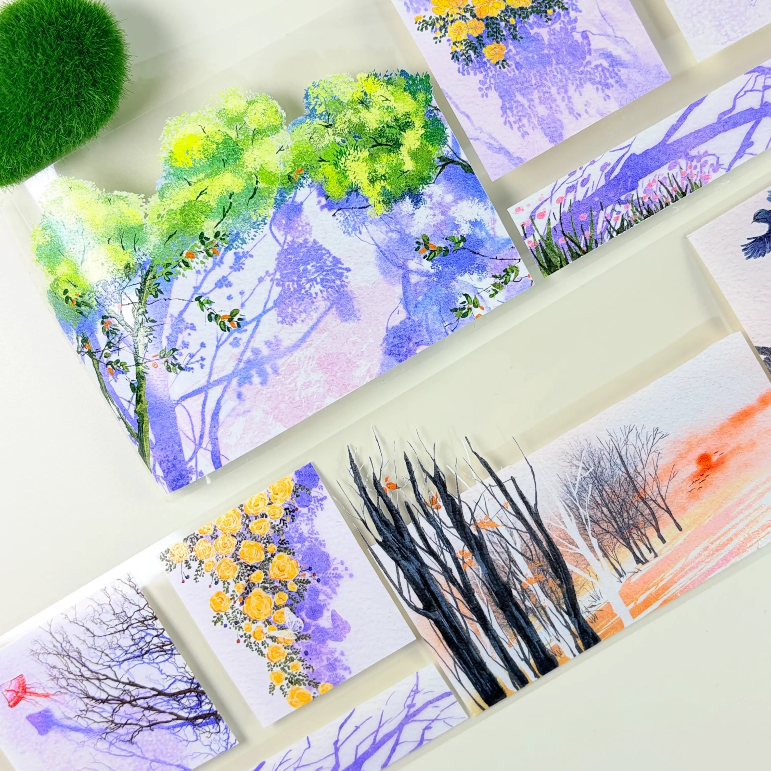 Watercolor tape with forest scenes: trees, flowers, and birds | Shroomi