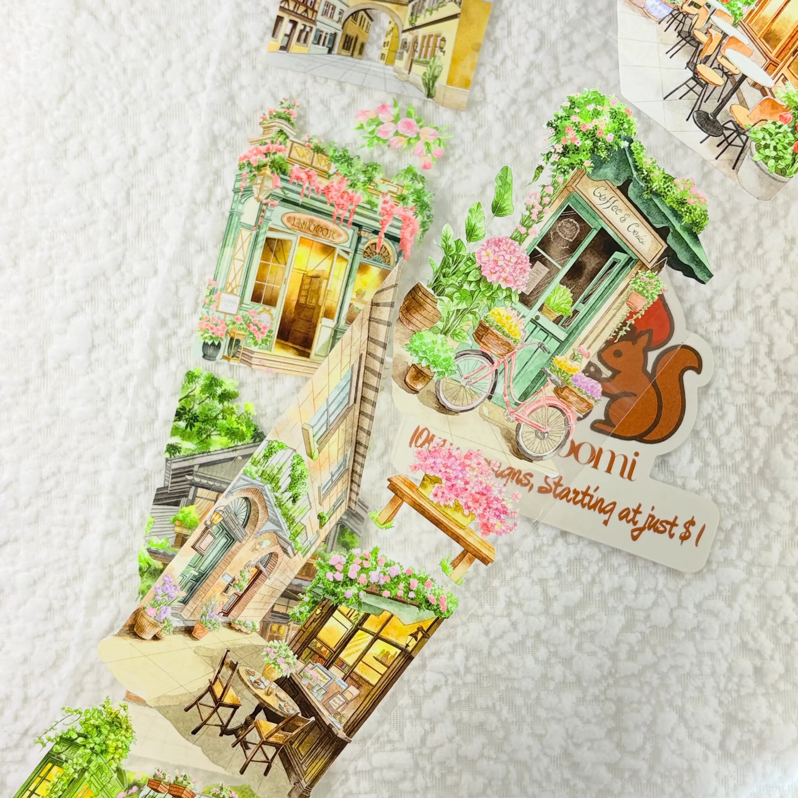 Leisurely Cafe Corner PET Tape Charming European Cafe Watercolor PET Journaling Tape | Shroomi
