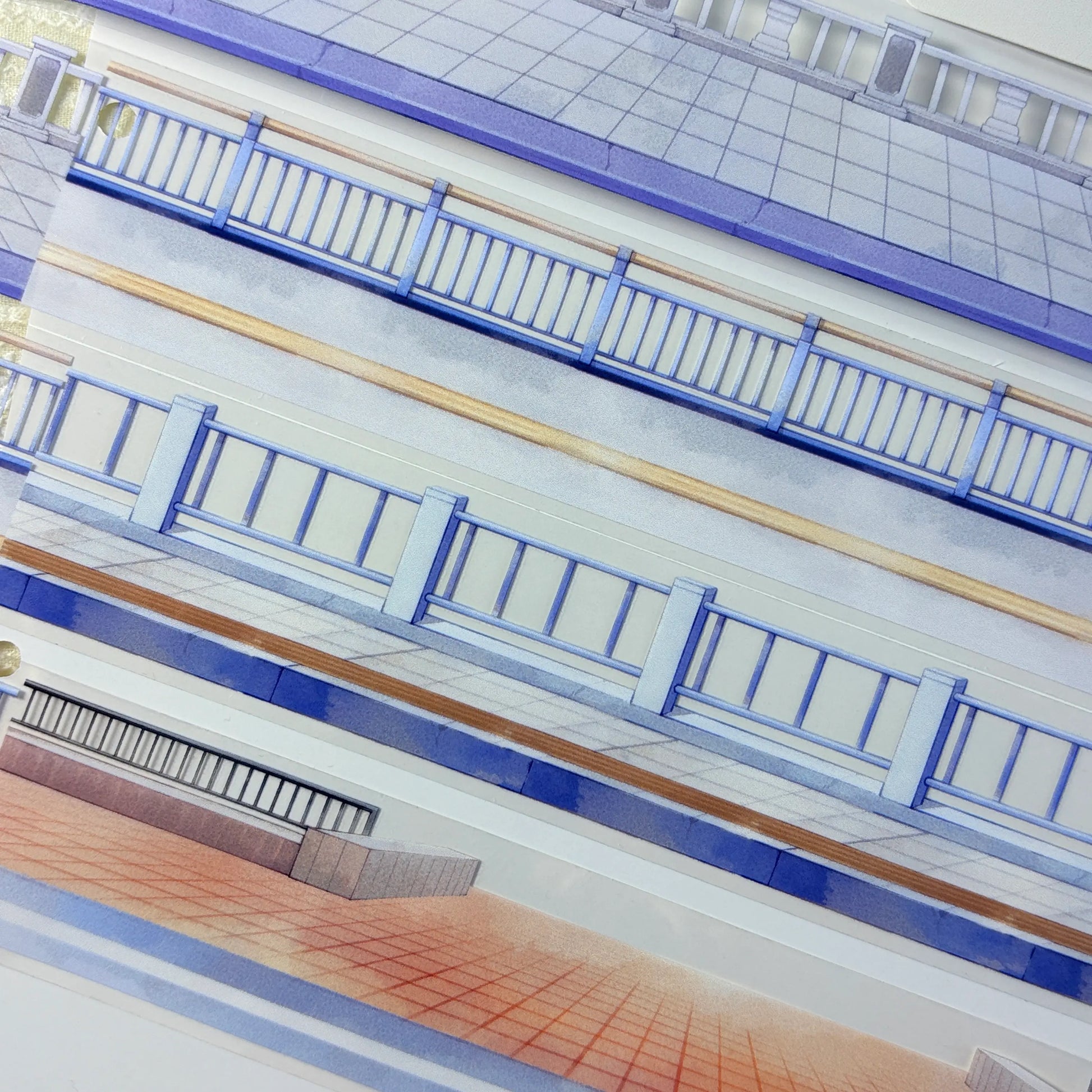 Close-up of urban street PET tape featuring layered balconies and ornate railings in soft blue and purple tones