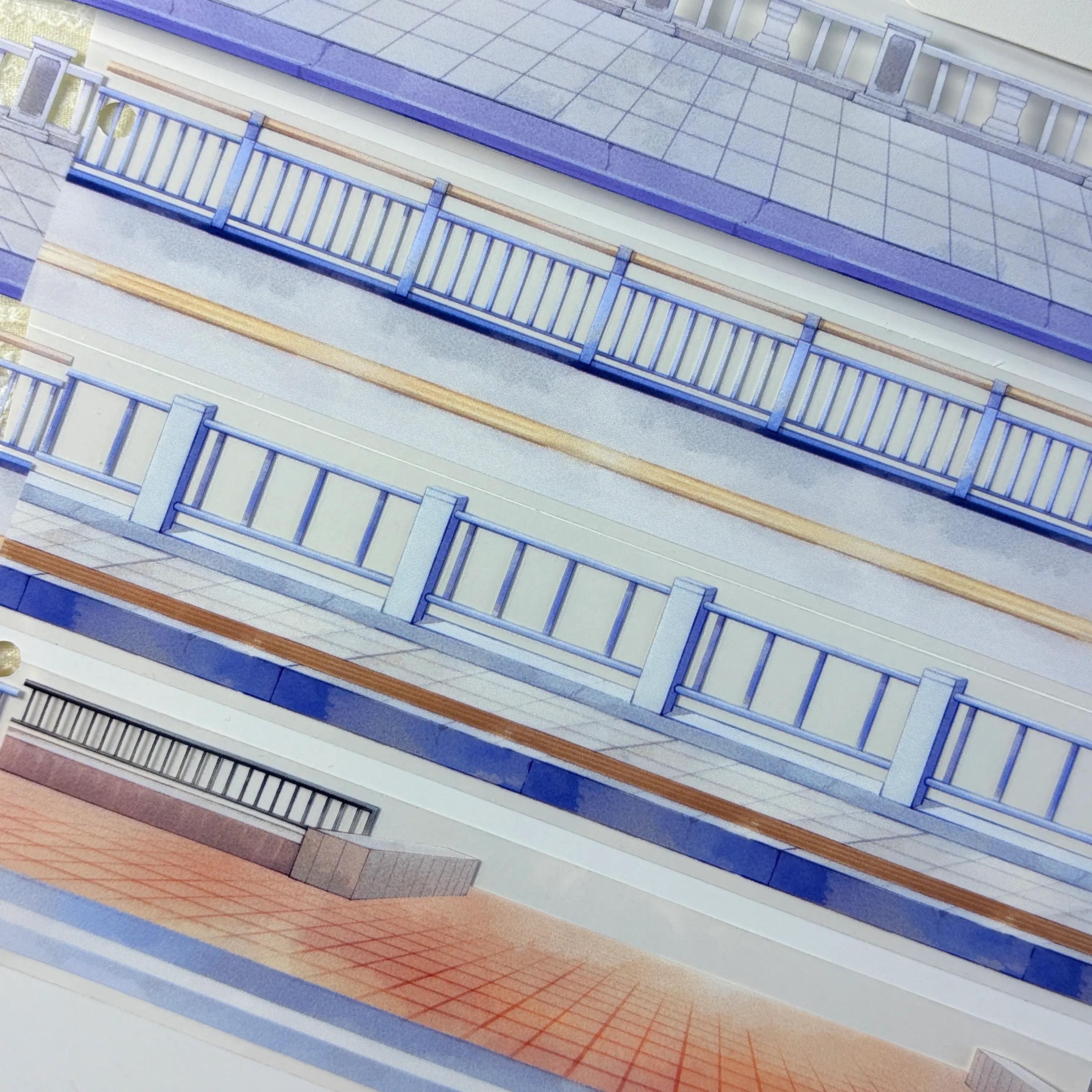 Close-up of urban street PET tape featuring layered balconies and ornate railings in soft blue and purple tones